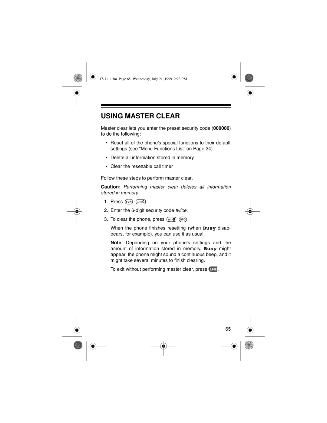 Radio Shack CT-502 owner manual Using Master Clear 