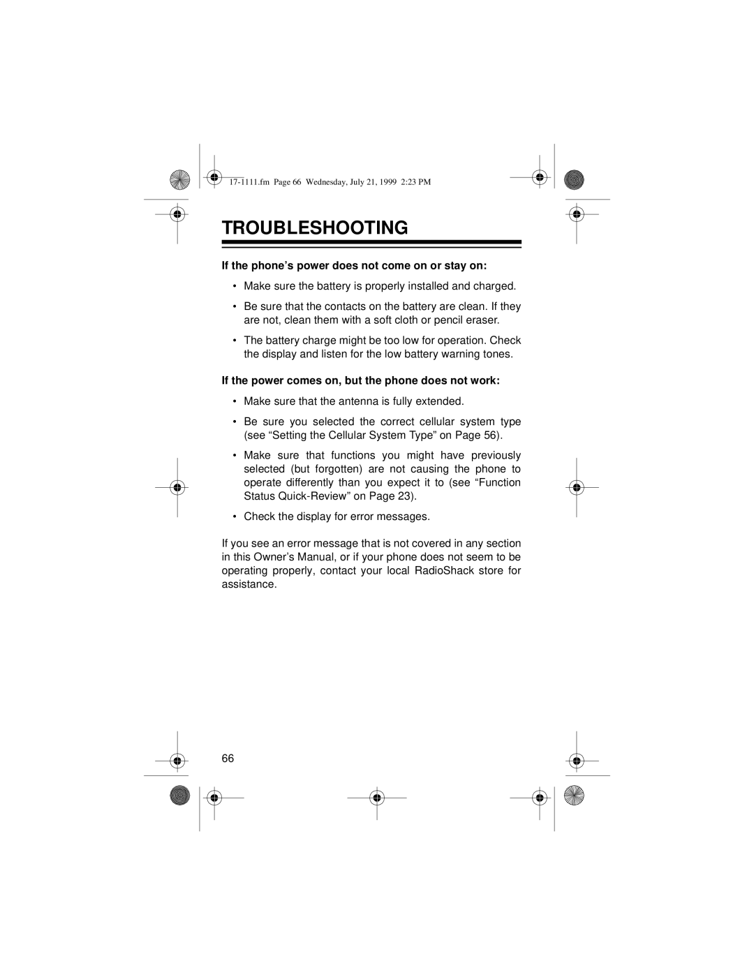 Radio Shack CT-502 owner manual Troubleshooting, If the phone’s power does not come on or stay on 