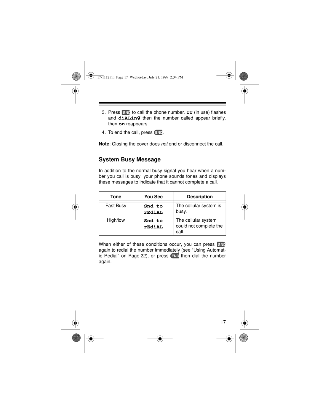 Radio Shack CT-503 owner manual System Busy Message, Tone You See Description 