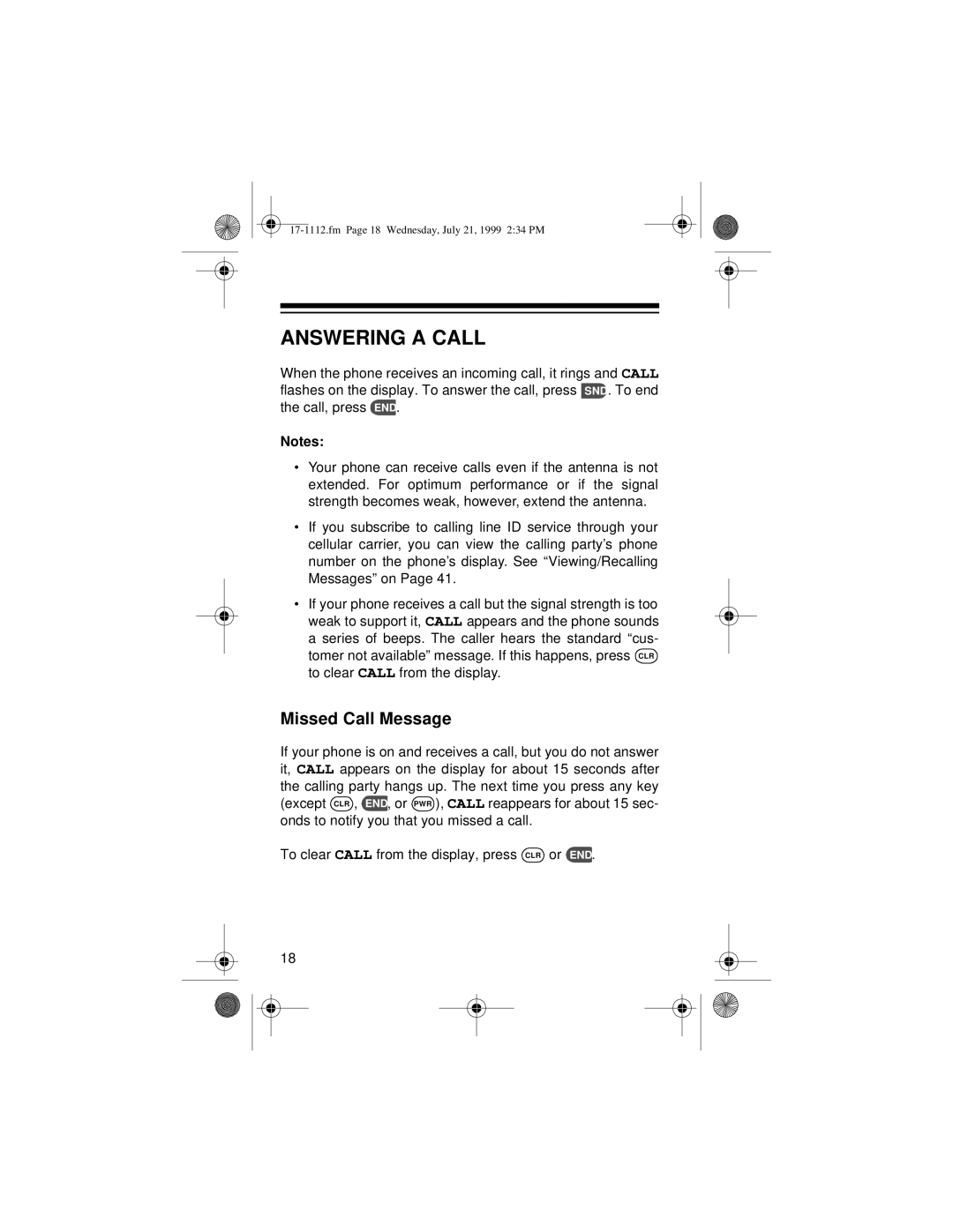 Radio Shack CT-503 owner manual Answering a Call, Missed Call Message 