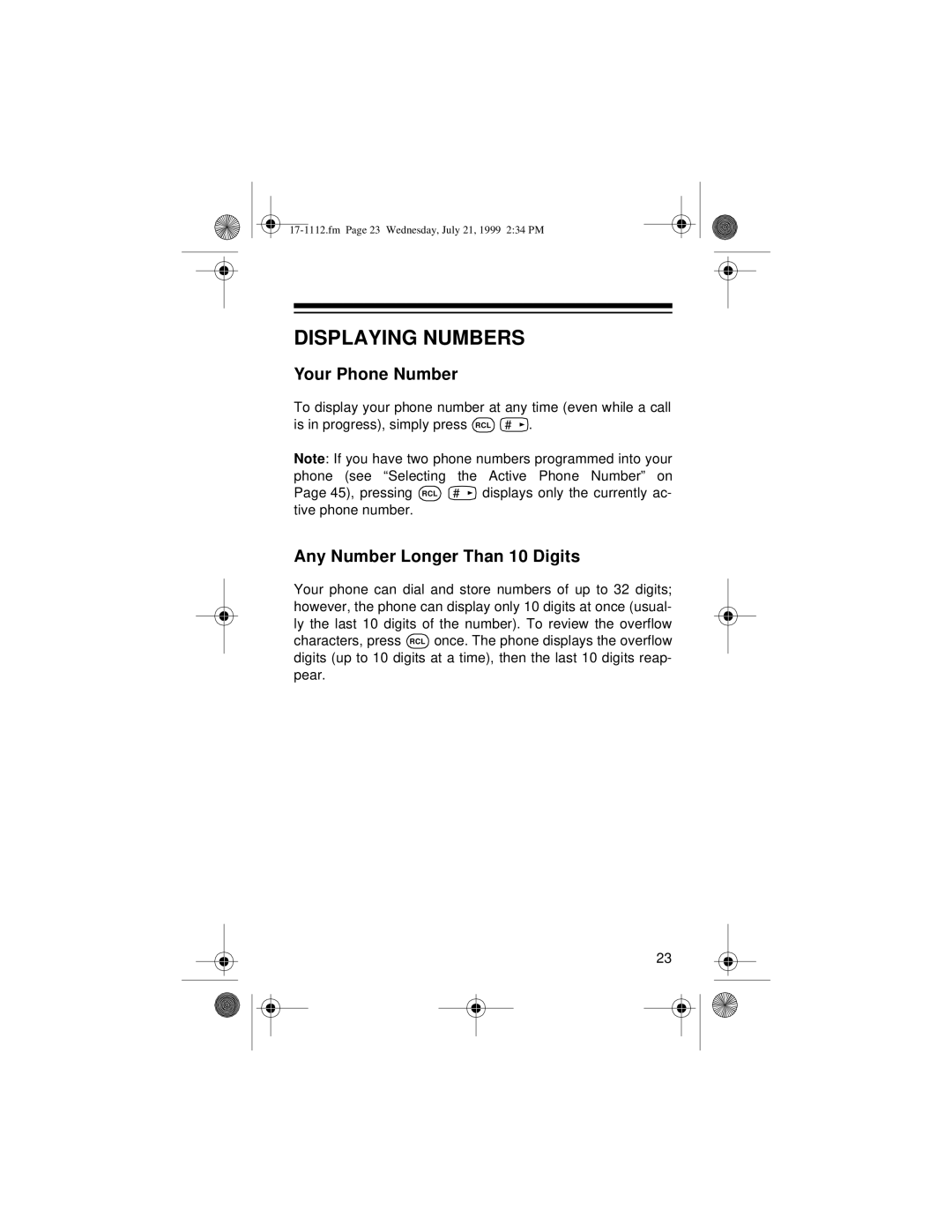 Radio Shack CT-503 owner manual Displaying Numbers, Your Phone Number, Any Number Longer Than 10 Digits 