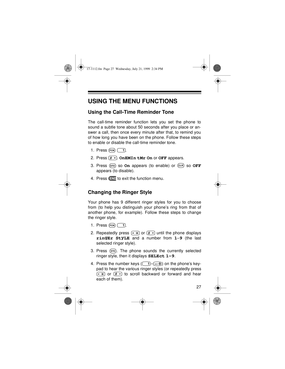 Radio Shack CT-503 owner manual Using the Menu Functions, Using the Call-Time Reminder Tone, Changing the Ringer Style 