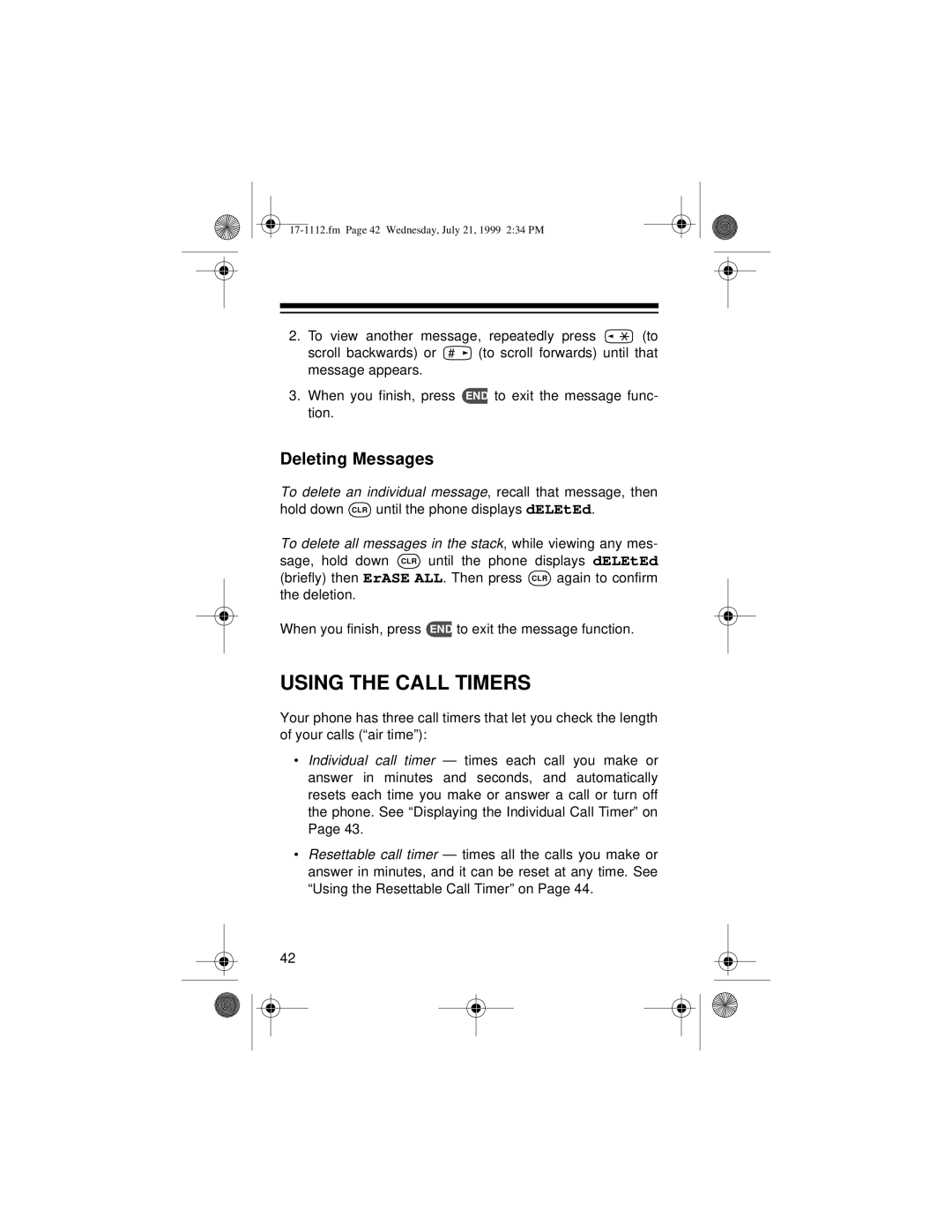 Radio Shack CT-503 owner manual Using the Call Timers, Deleting Messages 