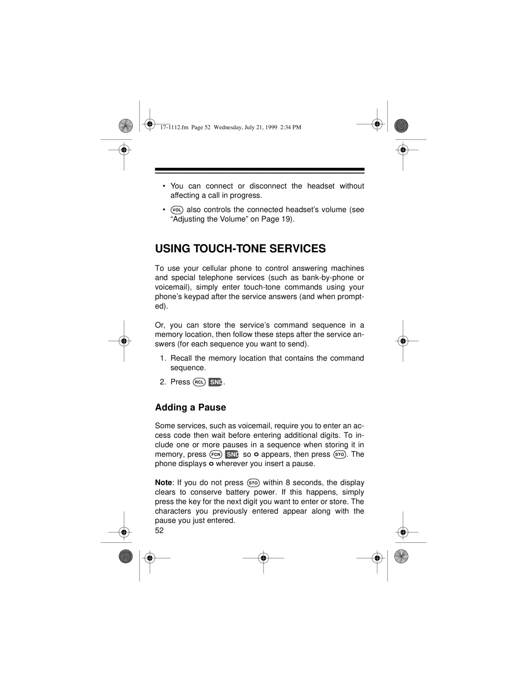 Radio Shack CT-503 owner manual Using TOUCH-TONE Services, Adding a Pause 