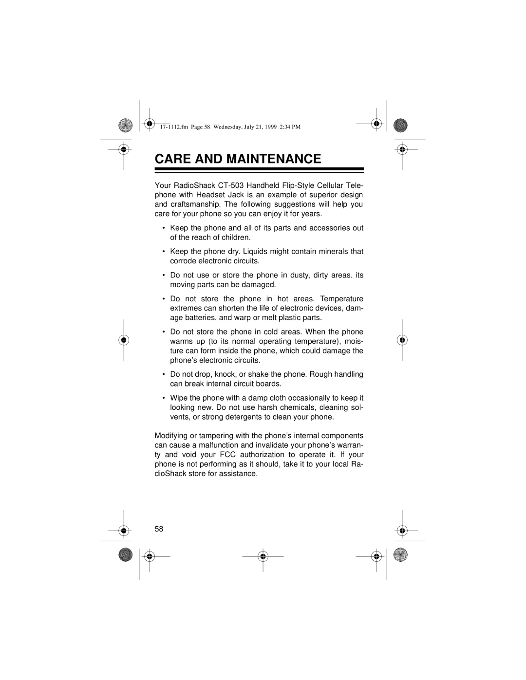 Radio Shack CT-503 owner manual Care and Maintenance 