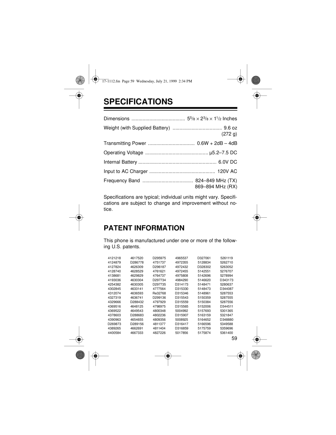 Radio Shack CT-503 owner manual Specifications, Patent Information 