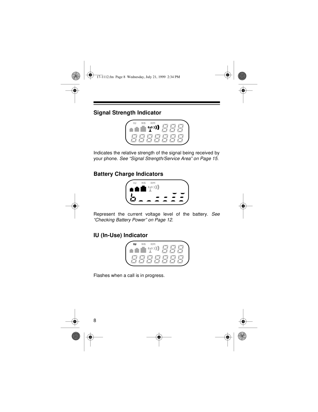 Radio Shack CT-503 owner manual Signal Strength Indicator, Battery Charge Indicators, IU In-Use Indicator 