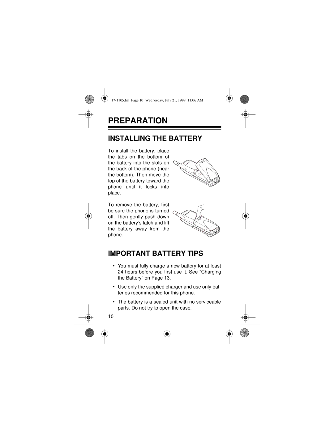 Radio Shack CT-600 owner manual Preparation, Installing the Battery, Important Battery Tips 