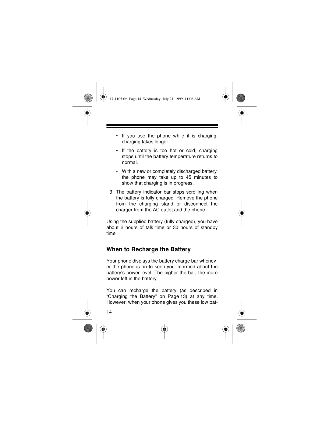 Radio Shack CT-600 owner manual When to Recharge the Battery 