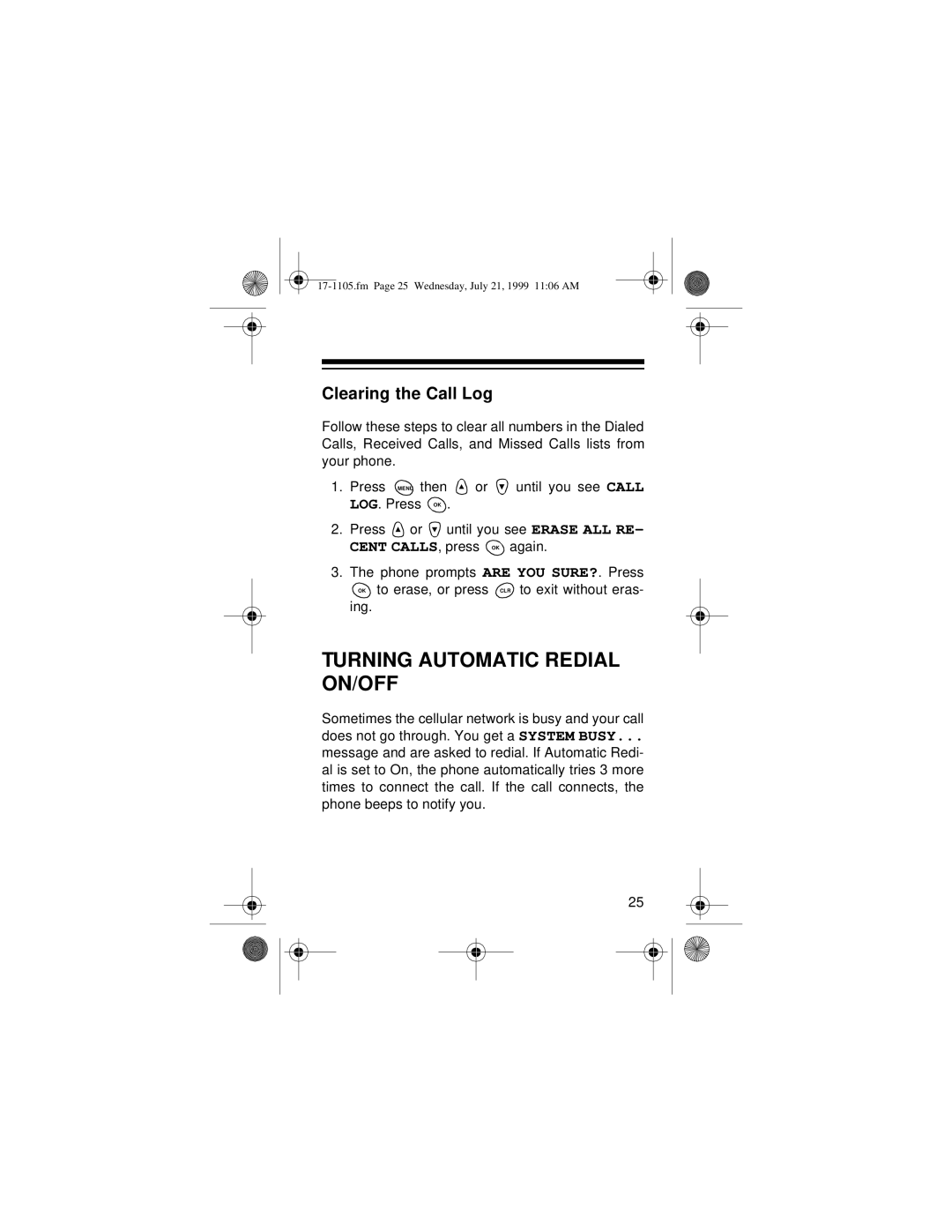 Radio Shack CT-600 owner manual Turning Automatic Redial ON/OFF, Clearing the Call Log 