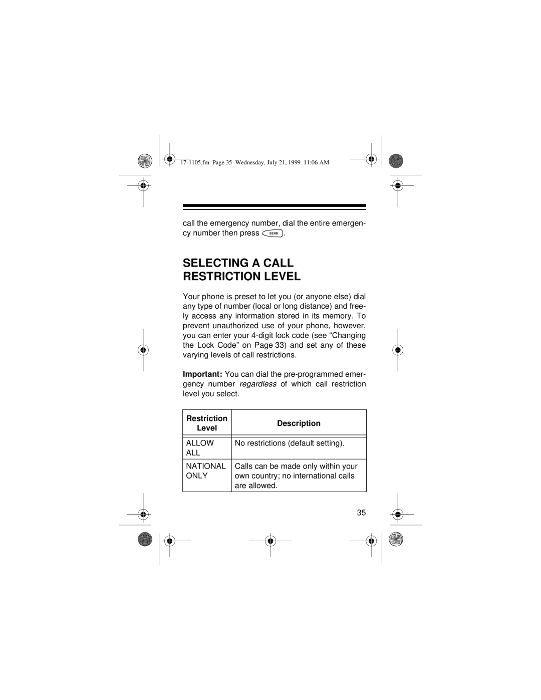 Radio Shack CT-600 owner manual Selecting a Call Restriction Level, Restriction Description Level 