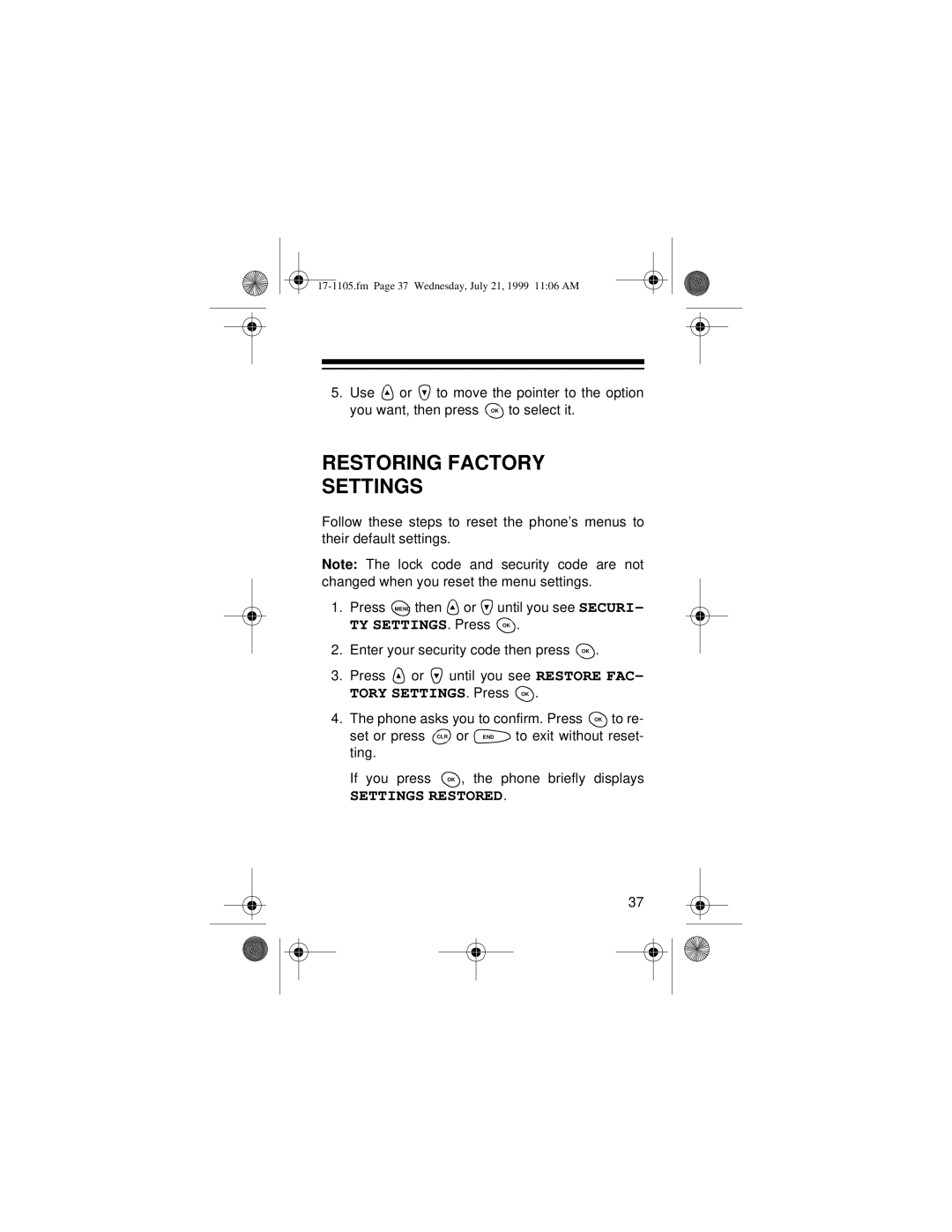 Radio Shack CT-600 owner manual Restoring Factory Settings 