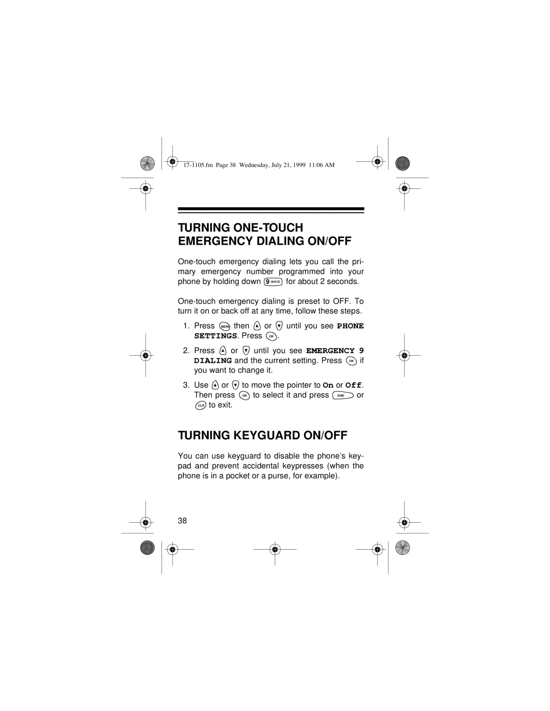 Radio Shack CT-600 owner manual Turning ONE-TOUCH Emergency Dialing ON/OFF, Turning Keyguard ON/OFF 