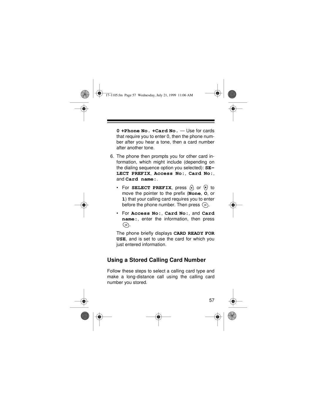 Radio Shack CT-600 owner manual Using a Stored Calling Card Number, For Access No, Card No, and Card 