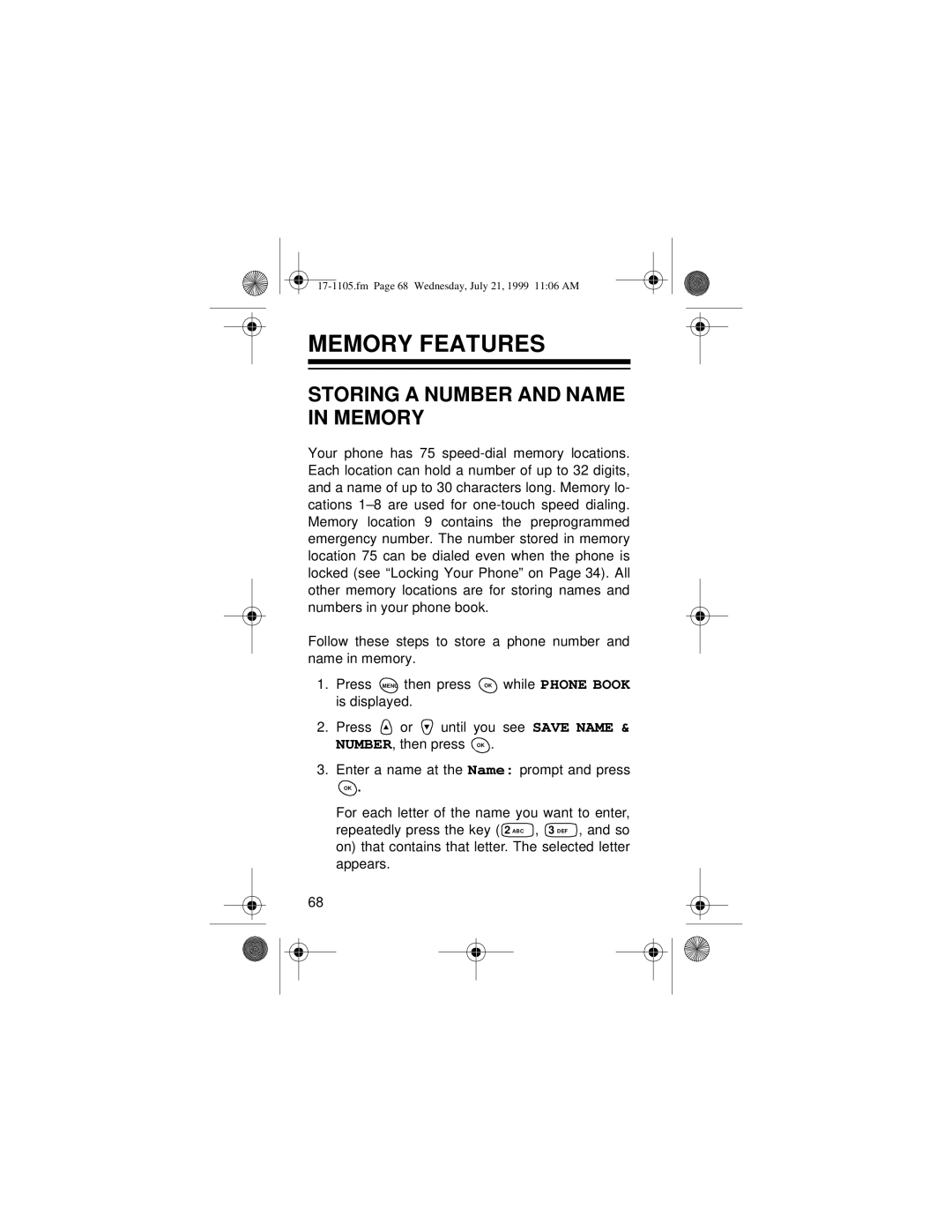 Radio Shack CT-600 owner manual Memory Features, Storing a Number and Name in Memory 