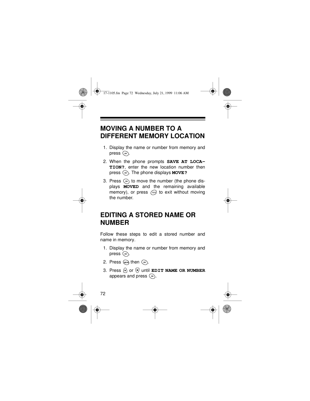 Radio Shack CT-600 owner manual Moving a Number to a Different Memory Location, Editing a Stored Name or Number 