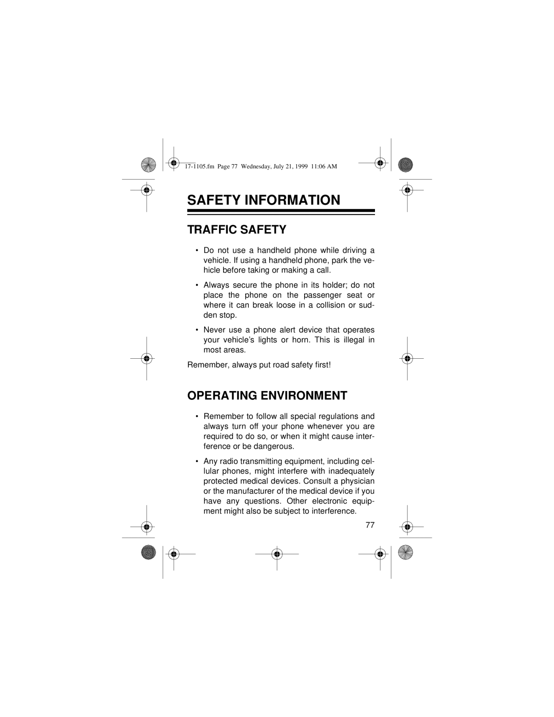 Radio Shack CT-600 owner manual Safety Information, Traffic Safety, Operating Environment 