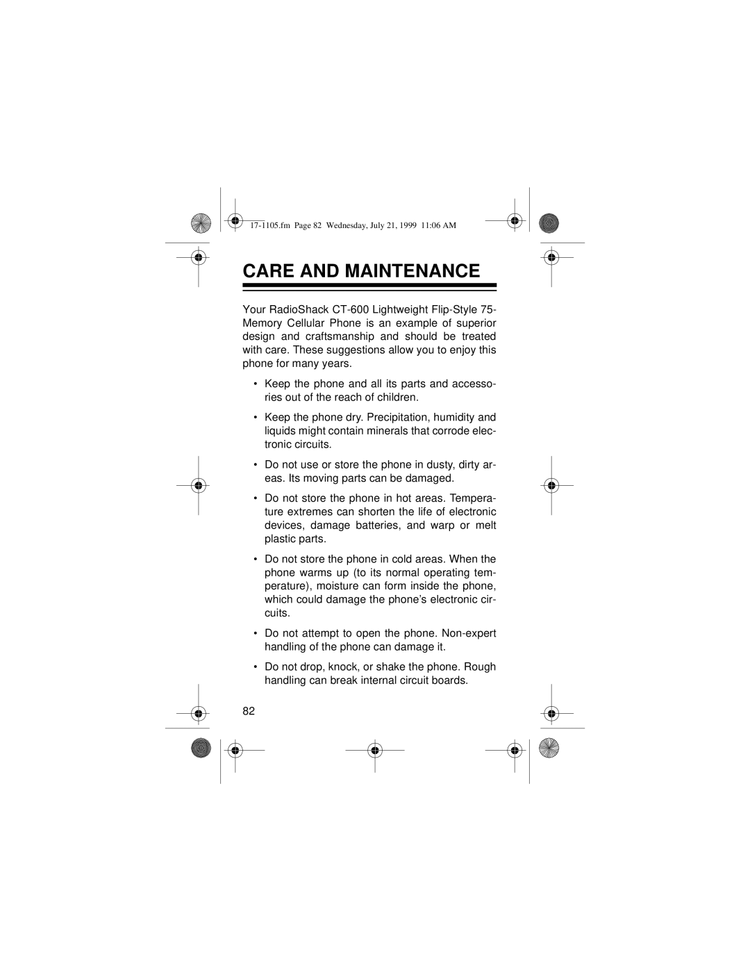 Radio Shack CT-600 owner manual Care and Maintenance 