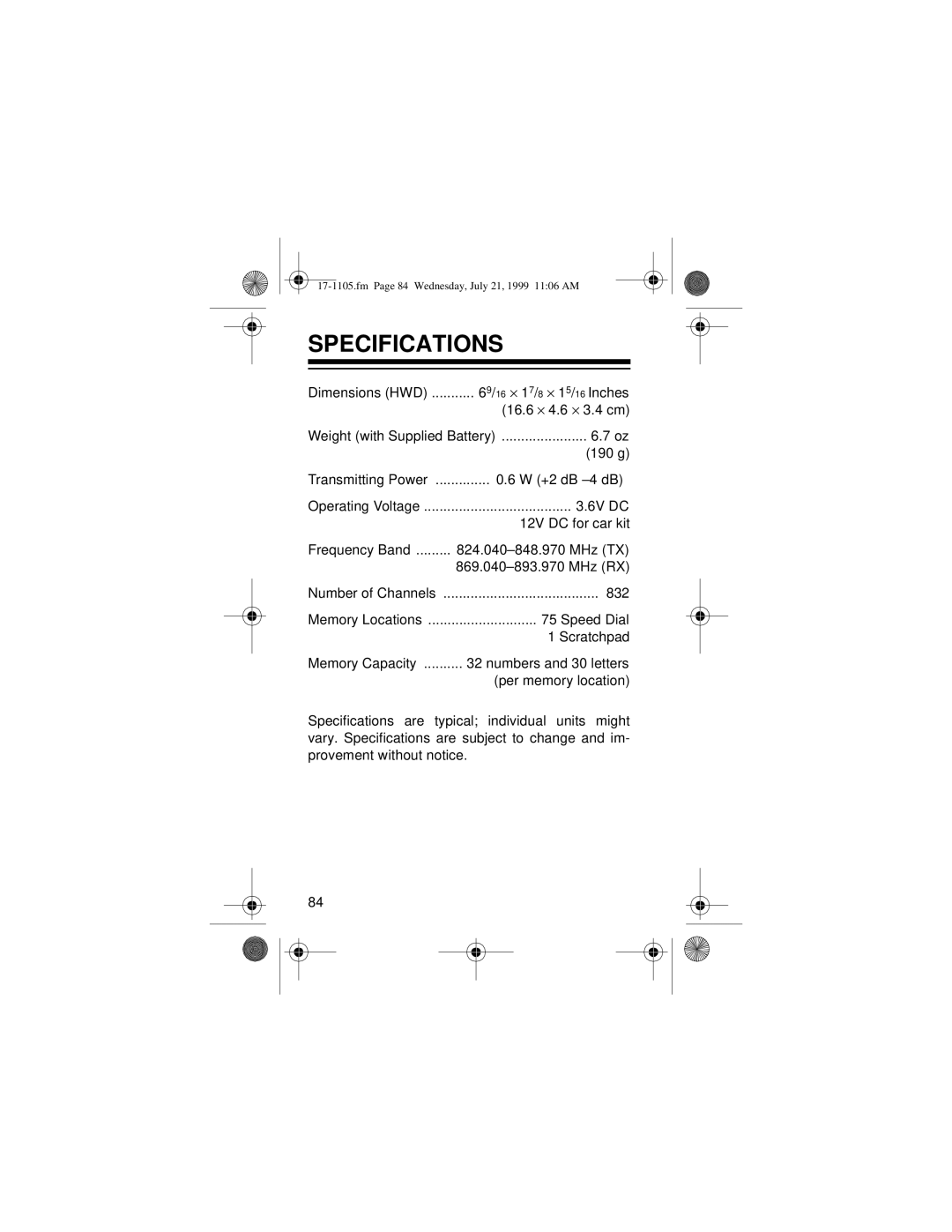 Radio Shack CT-600 owner manual Specifications 