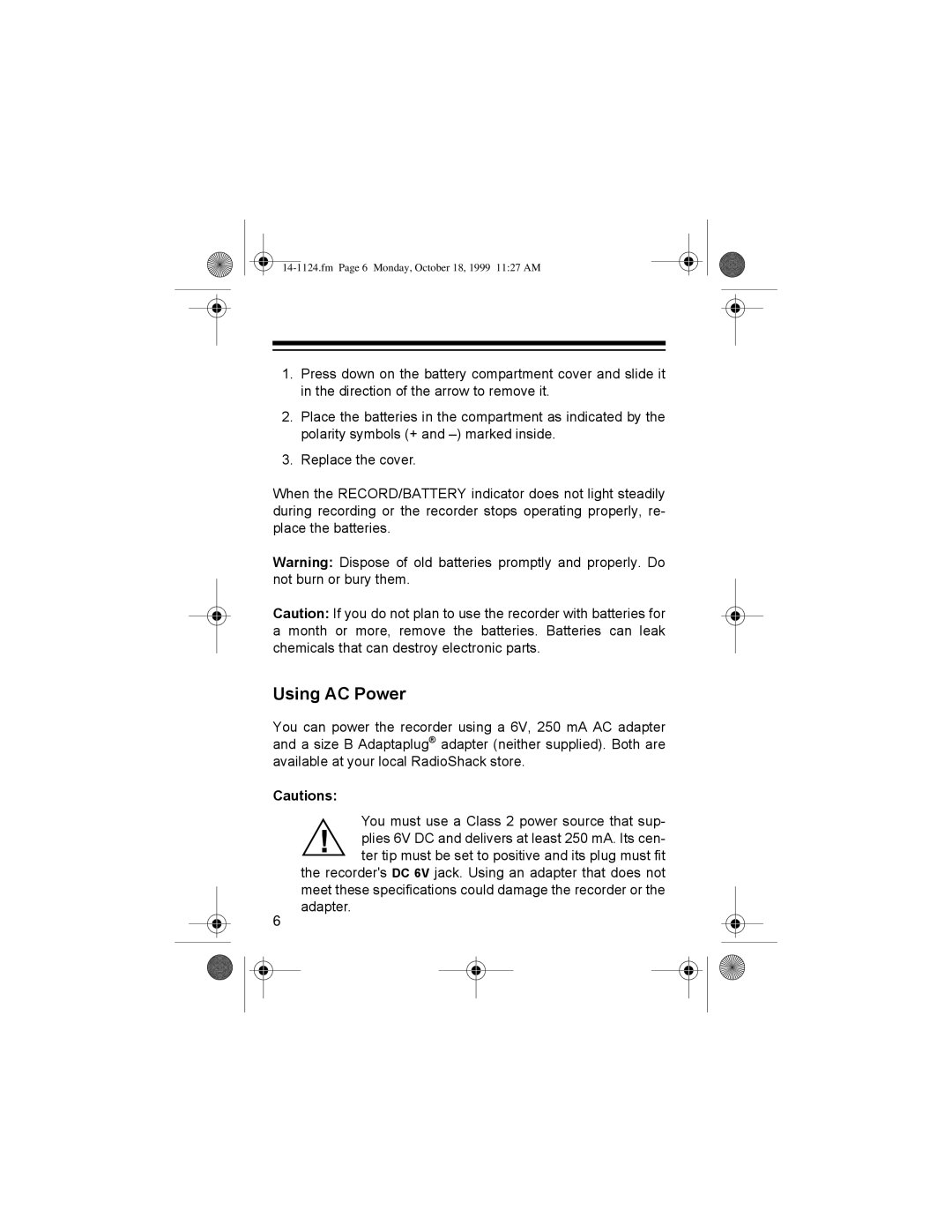 Radio Shack CTR-118, 14-1124 owner manual 61 5HSODFH#WKH#FRYHU1, Dxwlrqv=, Fm Page 6 Monday, October 18, 1999 1127 AM 