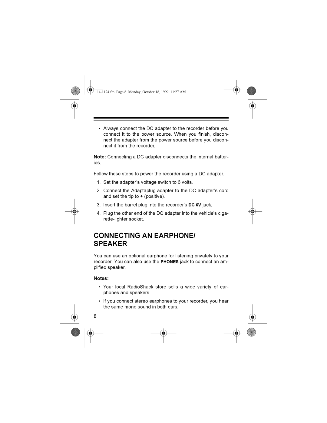 Radio Shack CTR-118, 14-1124 owner manual 211&7,1*#$1#$53+212 63$.5, 1RWHV=#, Fm Page 8 Monday, October 18, 1999 1127 AM 