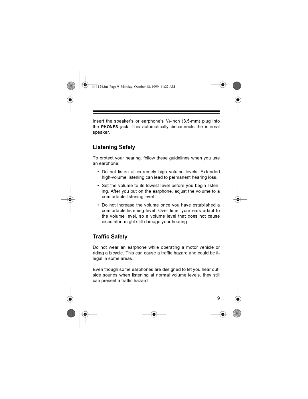 Radio Shack 14-1124, CTR-118 owner manual LVWHQLQJ#6DIHO, Fm Page 9 Monday, October 18, 1999 1127 AM 