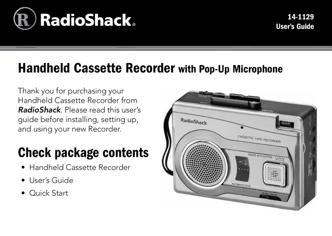 Radio Shack CTR-122 quick start Handheld Cassette Recorder with Pop-Up Microphone, Check package contents 