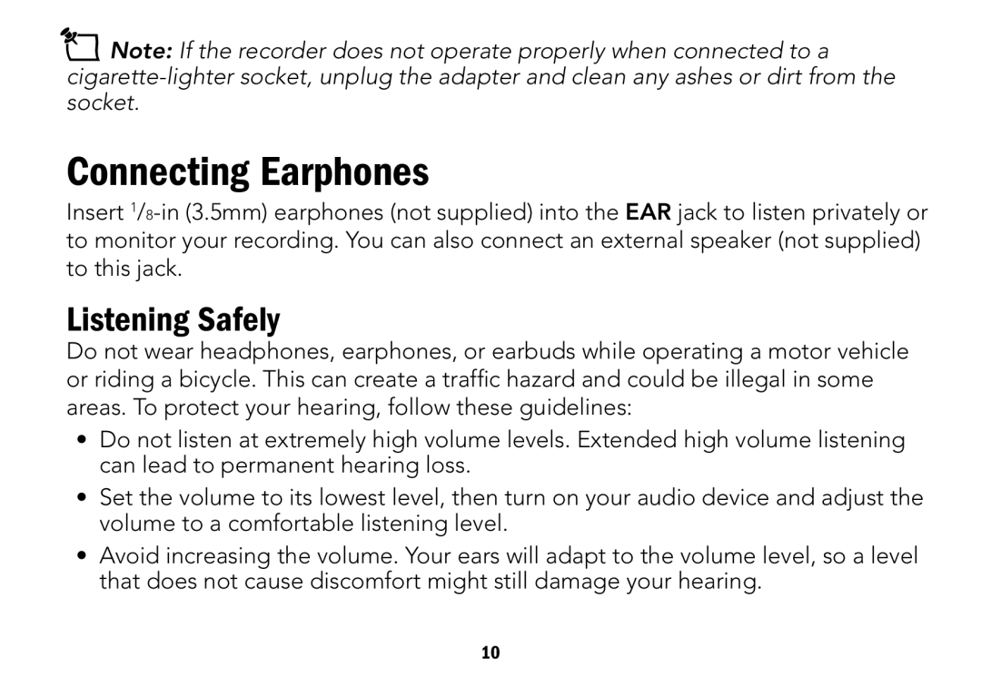 Radio Shack CTR-122 quick start Connecting Earphones, Listening Safely 