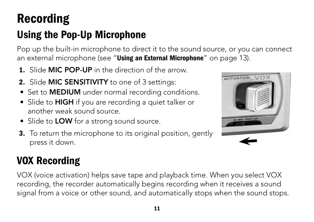 Radio Shack CTR-122 quick start Using the Pop-Up Microphone, VOX Recording 