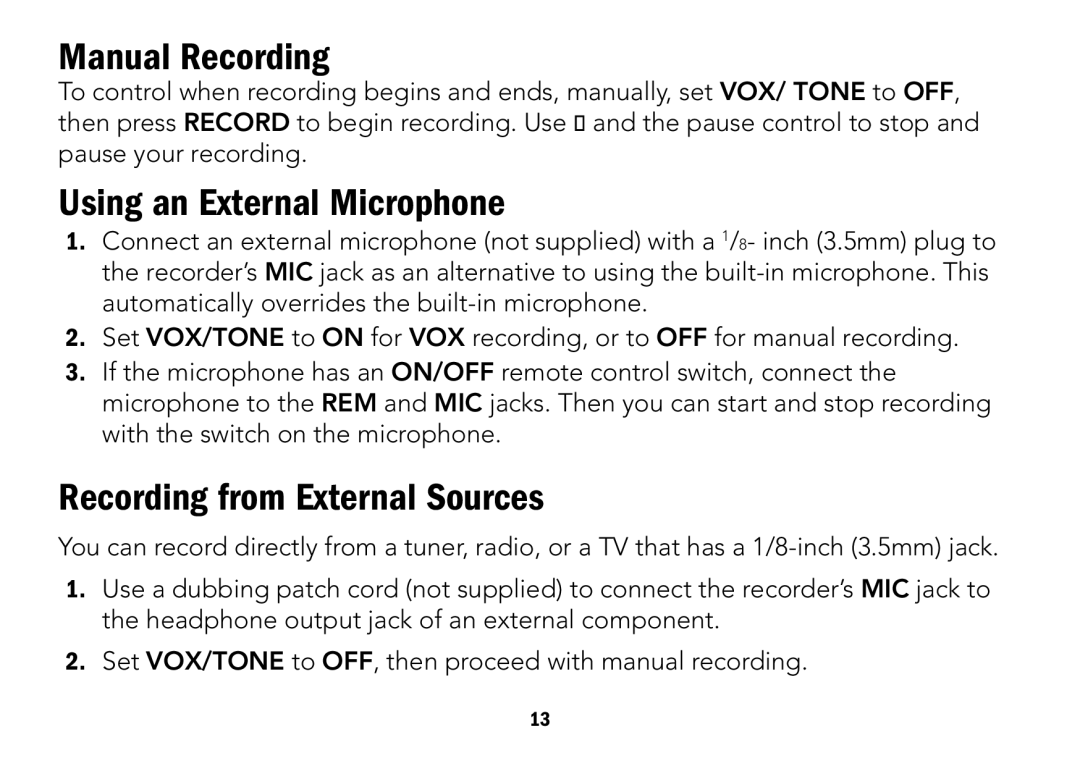 Radio Shack CTR-122 quick start Manual Recording, Using an External Microphone, Recording from External Sources 