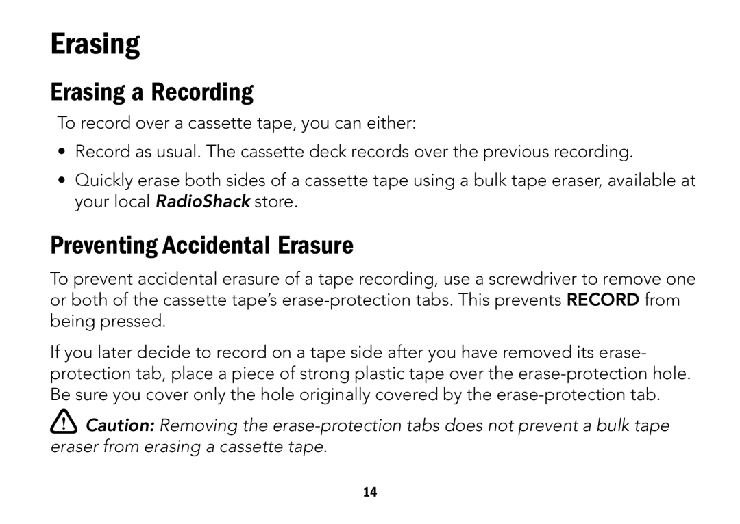 Radio Shack CTR-122 quick start Erasing a Recording, Preventing Accidental Erasure 