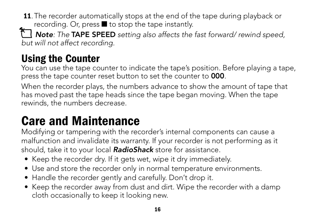 Radio Shack CTR-122 quick start Care and Maintenance, Using the Counter 