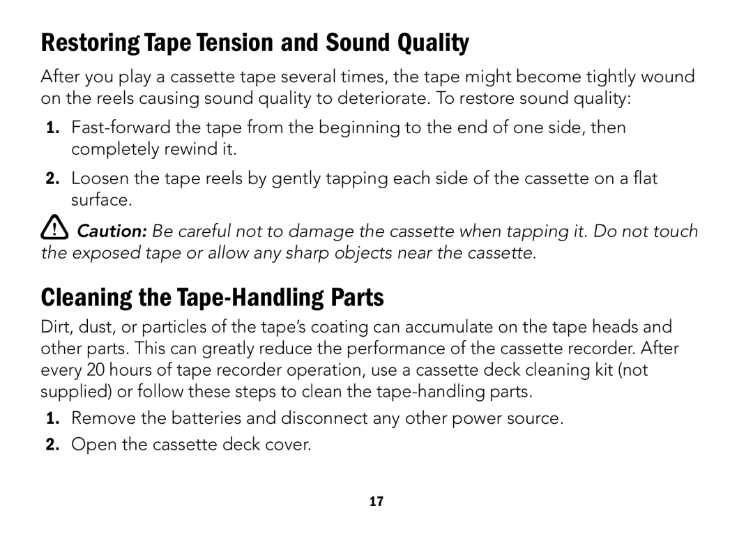 Radio Shack CTR-122 quick start Restoring Tape Tension and Sound Quality, Cleaning the Tape-Handling Parts 