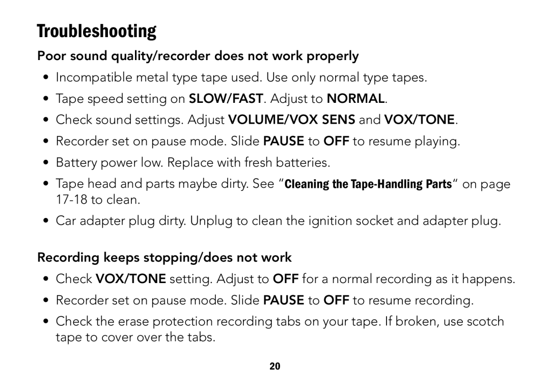 Radio Shack CTR-122 quick start Troubleshooting 