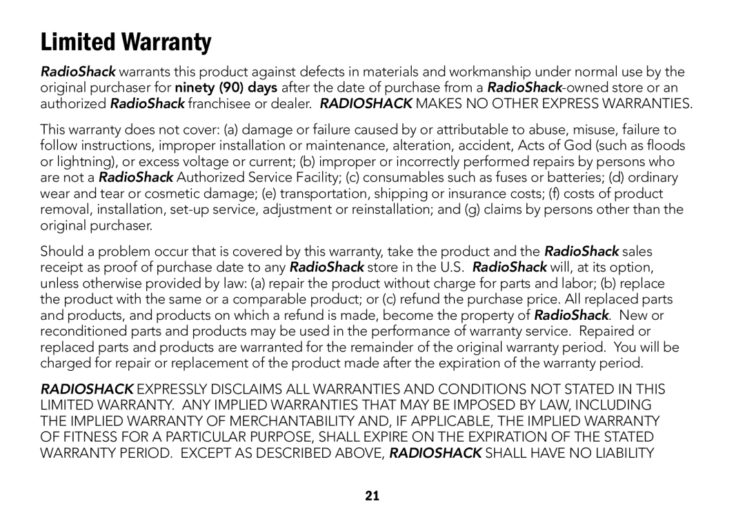 Radio Shack CTR-122 quick start Limited Warranty 