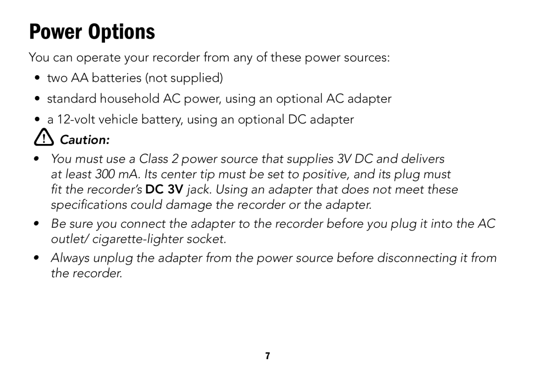 Radio Shack CTR-122 quick start Power Options 