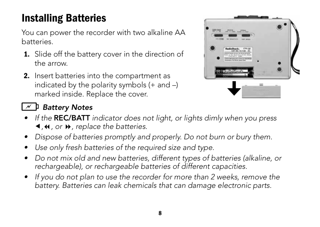 Radio Shack CTR-122 quick start Installing Batteries 