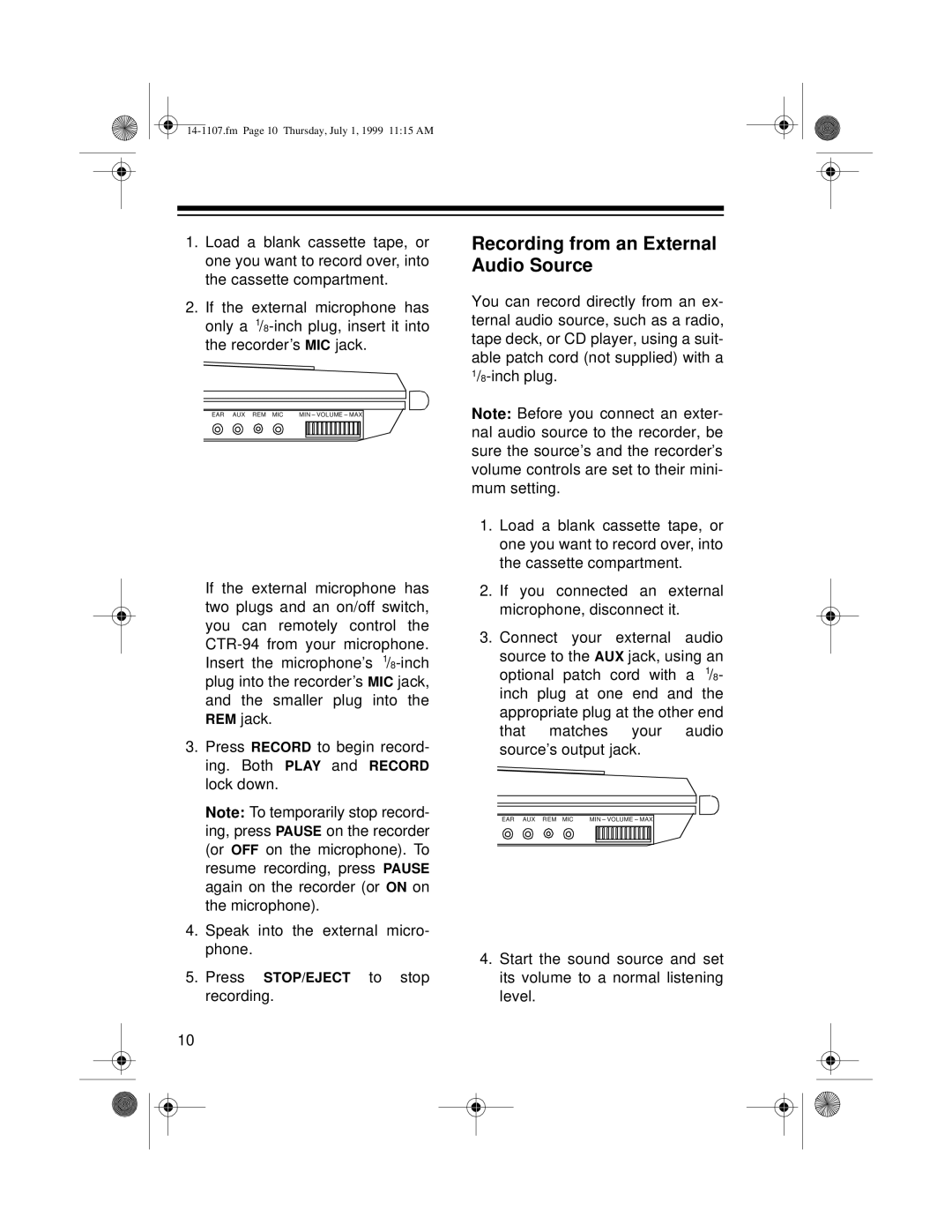 Radio Shack CTR-94, 14-1107A owner manual Recording from an External Audio Source 