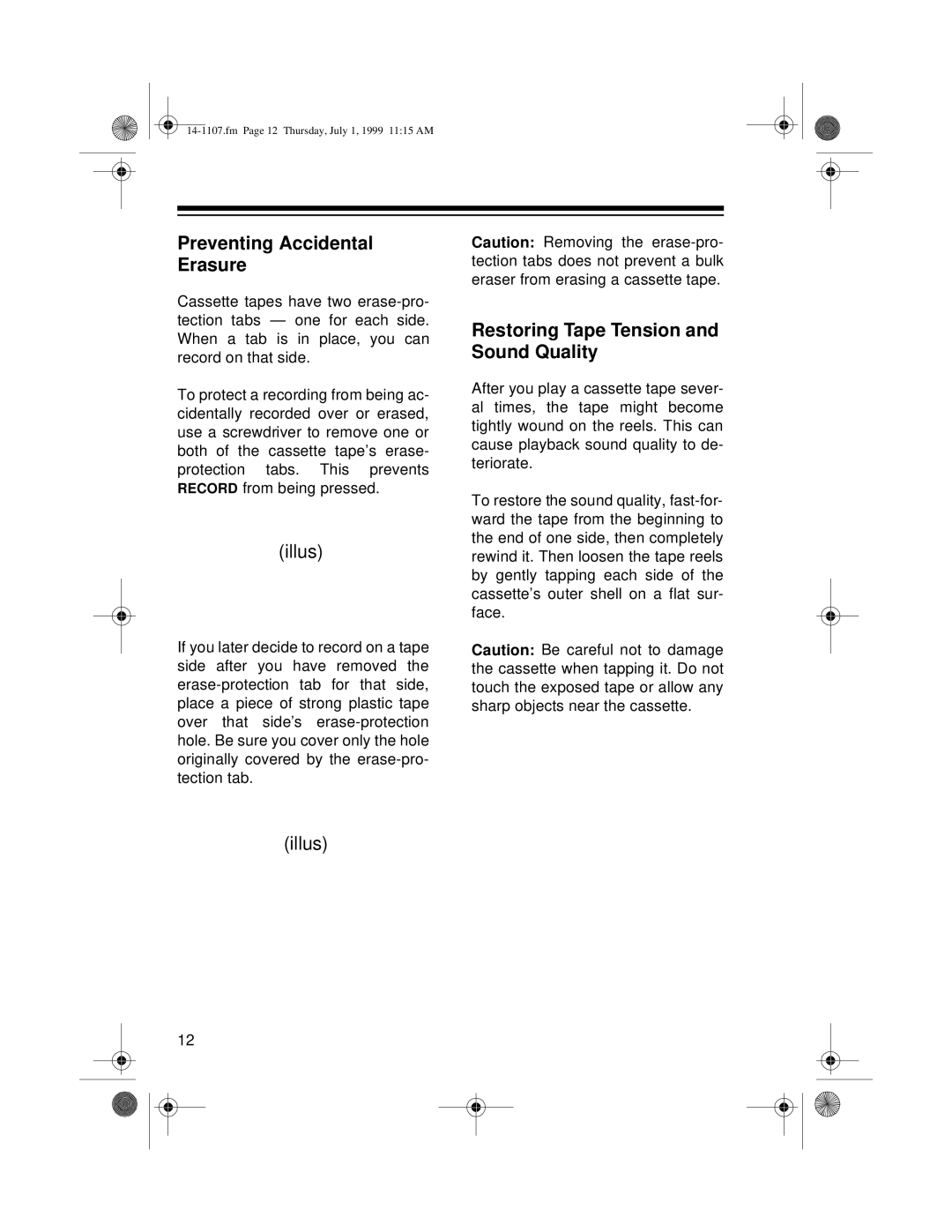 Radio Shack CTR-94, 14-1107A owner manual Preventing Accidental Erasure, Restoring Tape Tension and Sound Quality 