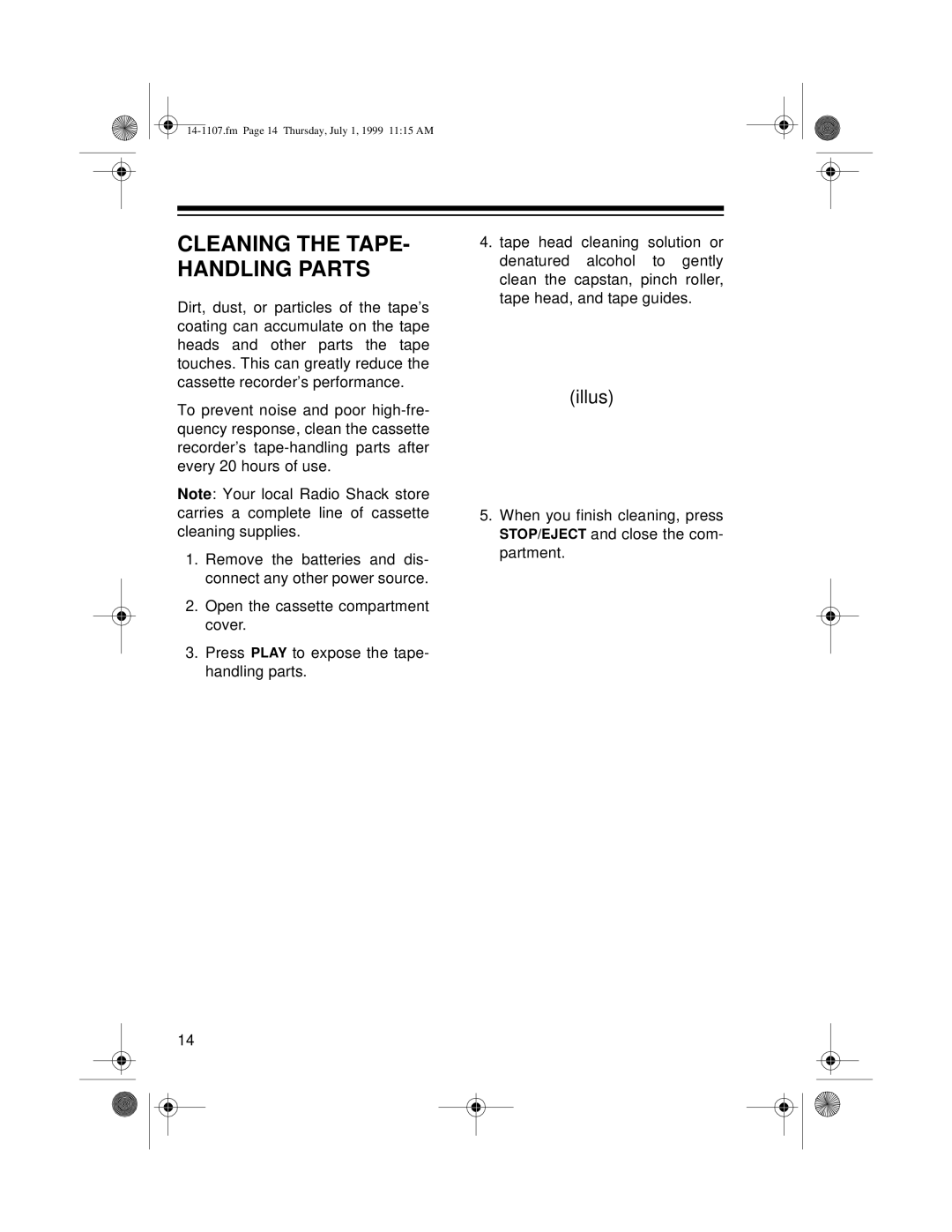 Radio Shack CTR-94, 14-1107A owner manual Cleaning the TAPE- Handling Parts 