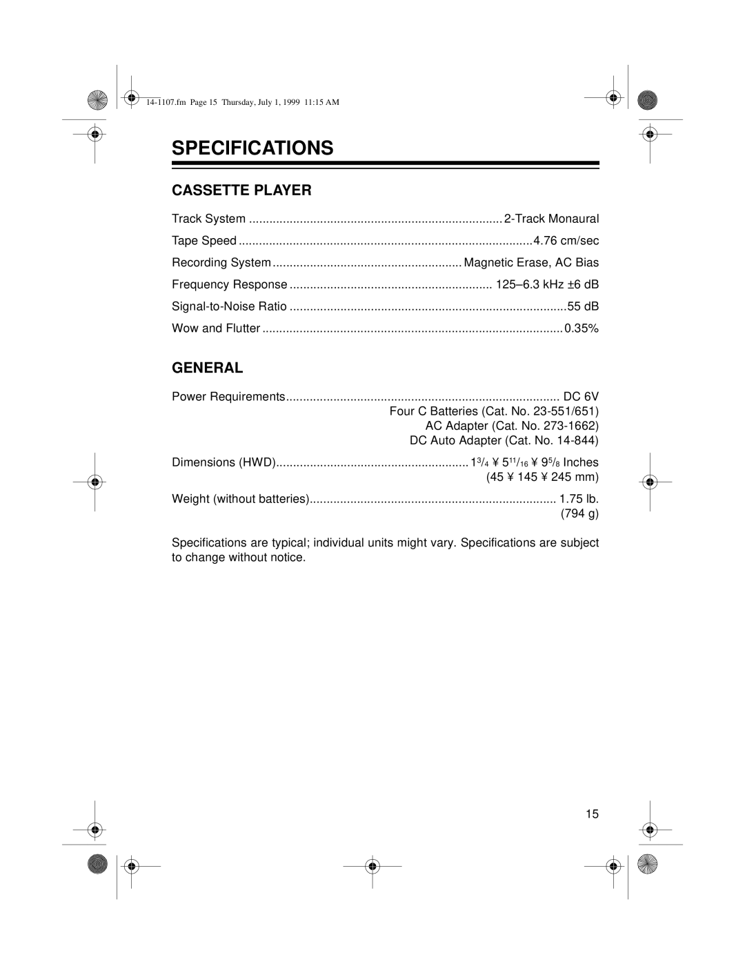 Radio Shack 14-1107A, CTR-94 owner manual Specifications, Cassette Player 