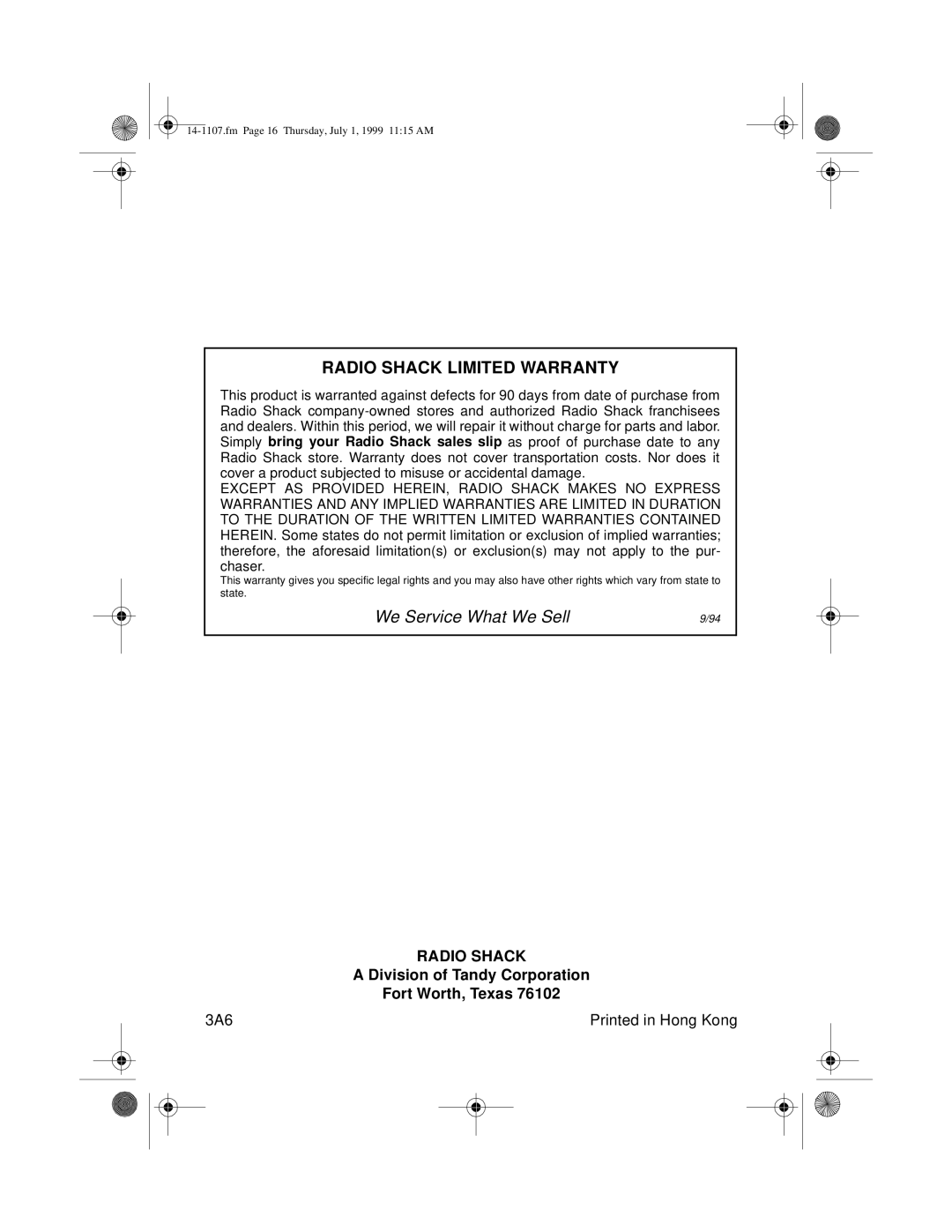 Radio Shack CTR-94, 14-1107A owner manual Radio Shack Limited Warranty 