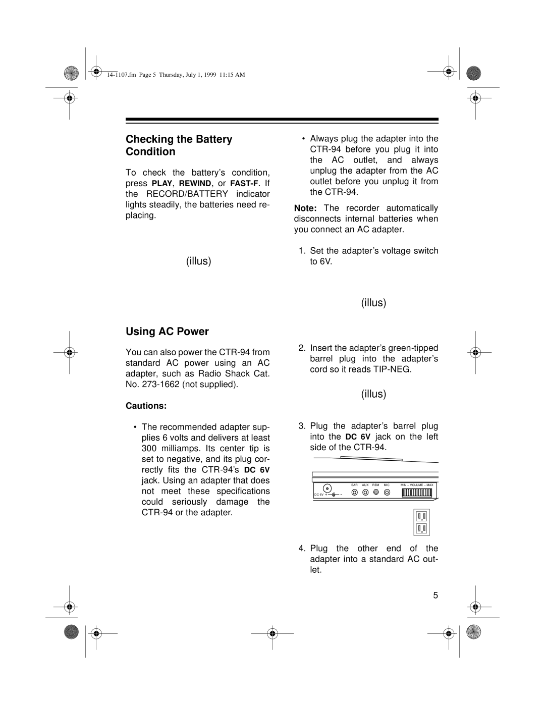 Radio Shack 14-1107A, CTR-94 owner manual Checking the Battery Condition, Using AC Power 