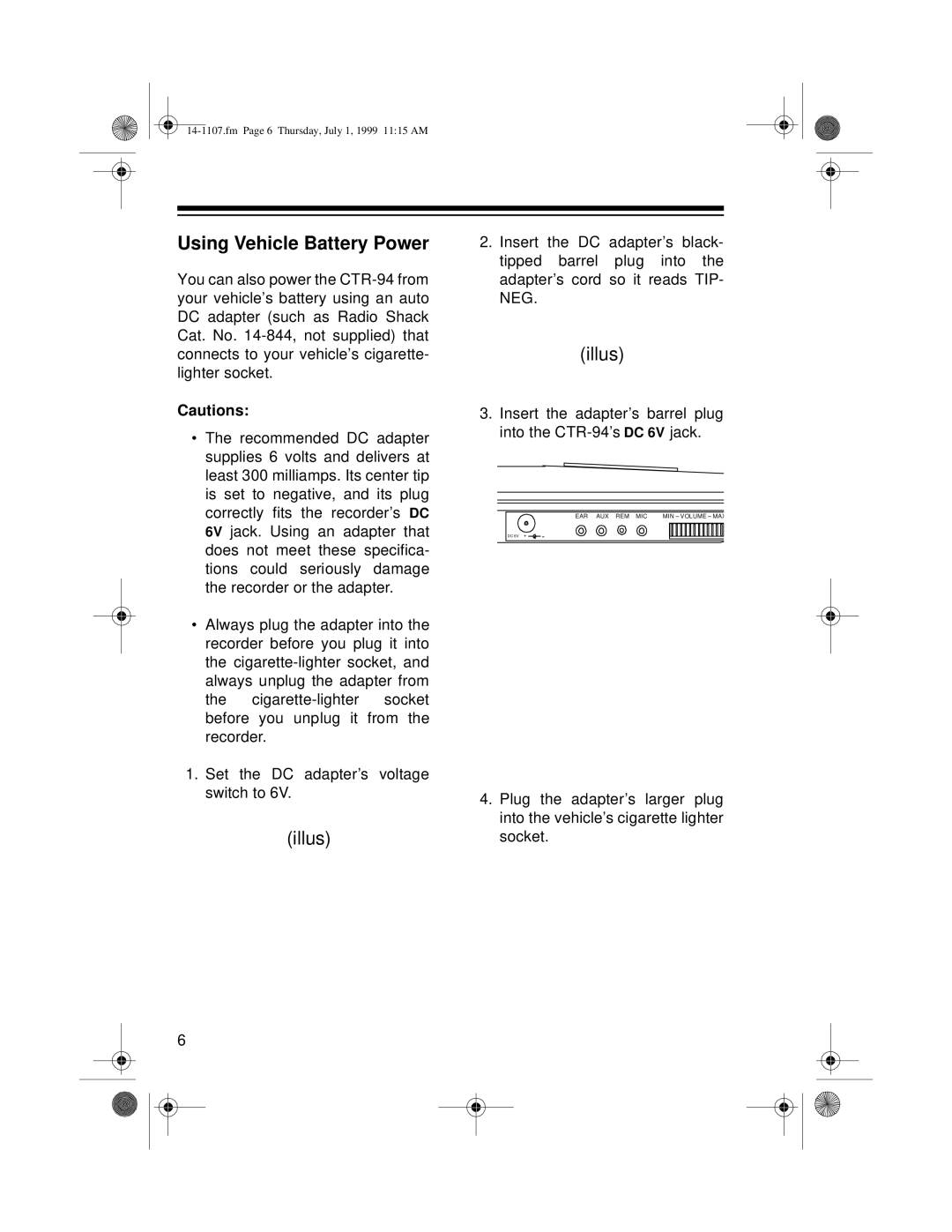 Radio Shack CTR-94, 14-1107A owner manual Using Vehicle Battery Power 