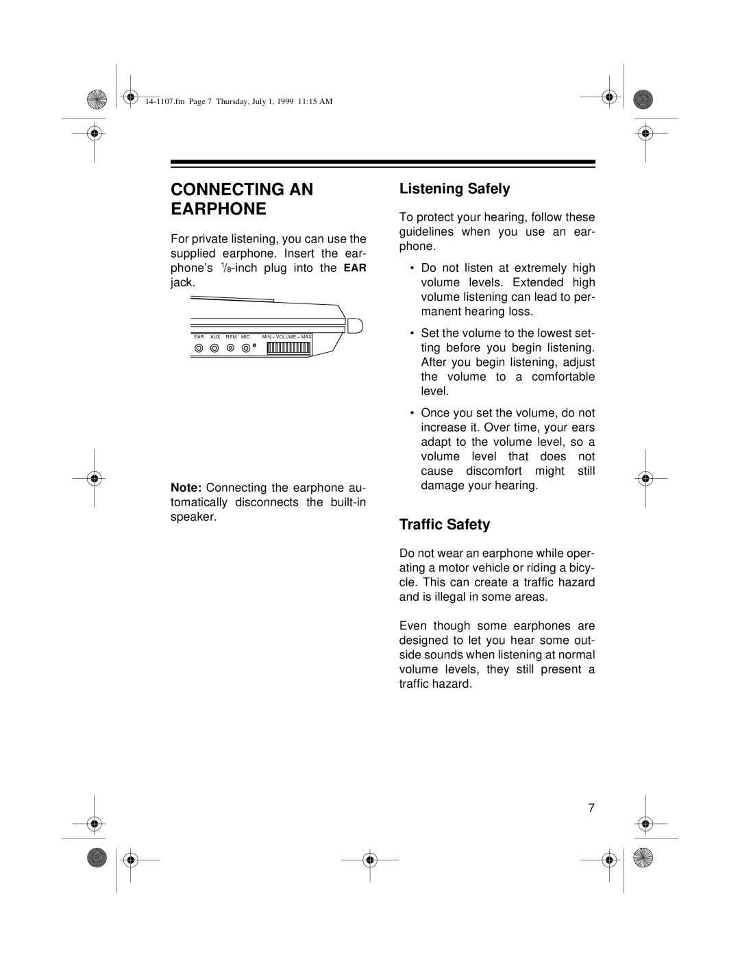 Radio Shack 14-1107A, CTR-94 owner manual Connecting AN Earphone, Listening Safely, Traffic Safety 