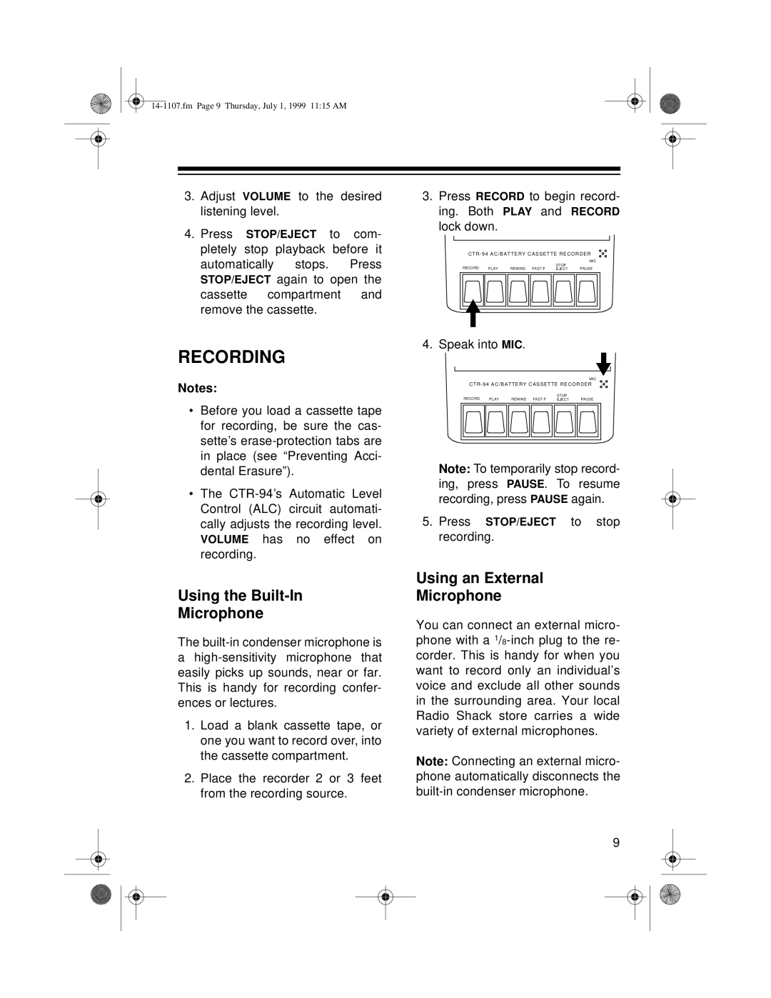 Radio Shack 14-1107A, CTR-94 owner manual Recording, Using the Built-In Microphone, Using an External Microphone 