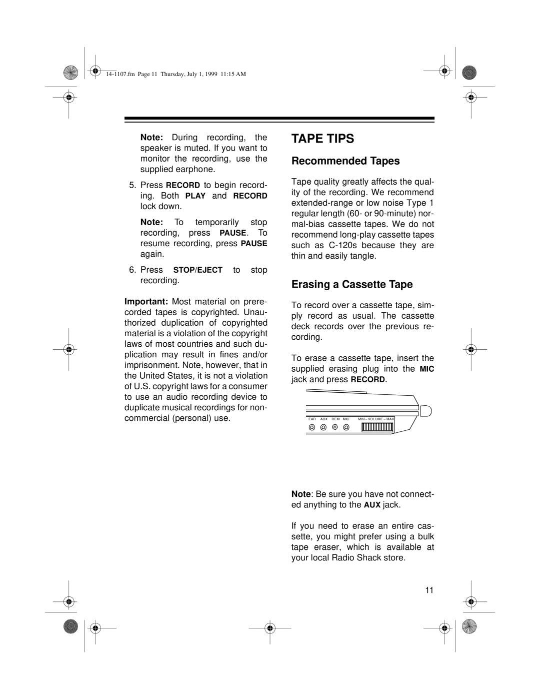 Radio Shack 14-1107A, CTR-94 owner manual Tape Tips, Recommended Tapes, Erasing a Cassette Tape 