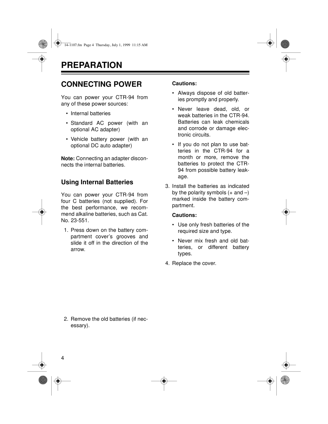 Radio Shack CTR-94, 14-1107A owner manual Preparation, Connecting Power, Using Internal Batteries 