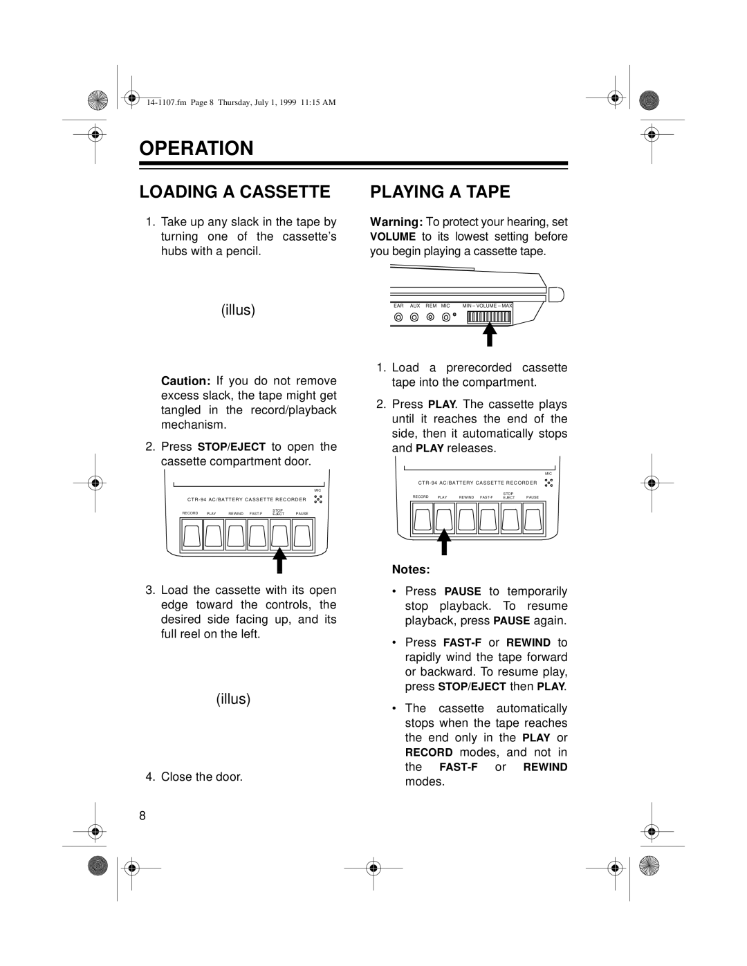 Radio Shack CTR-94, 14-1107A owner manual Operation, Loading A Cassette, Playing A Tape, illus 