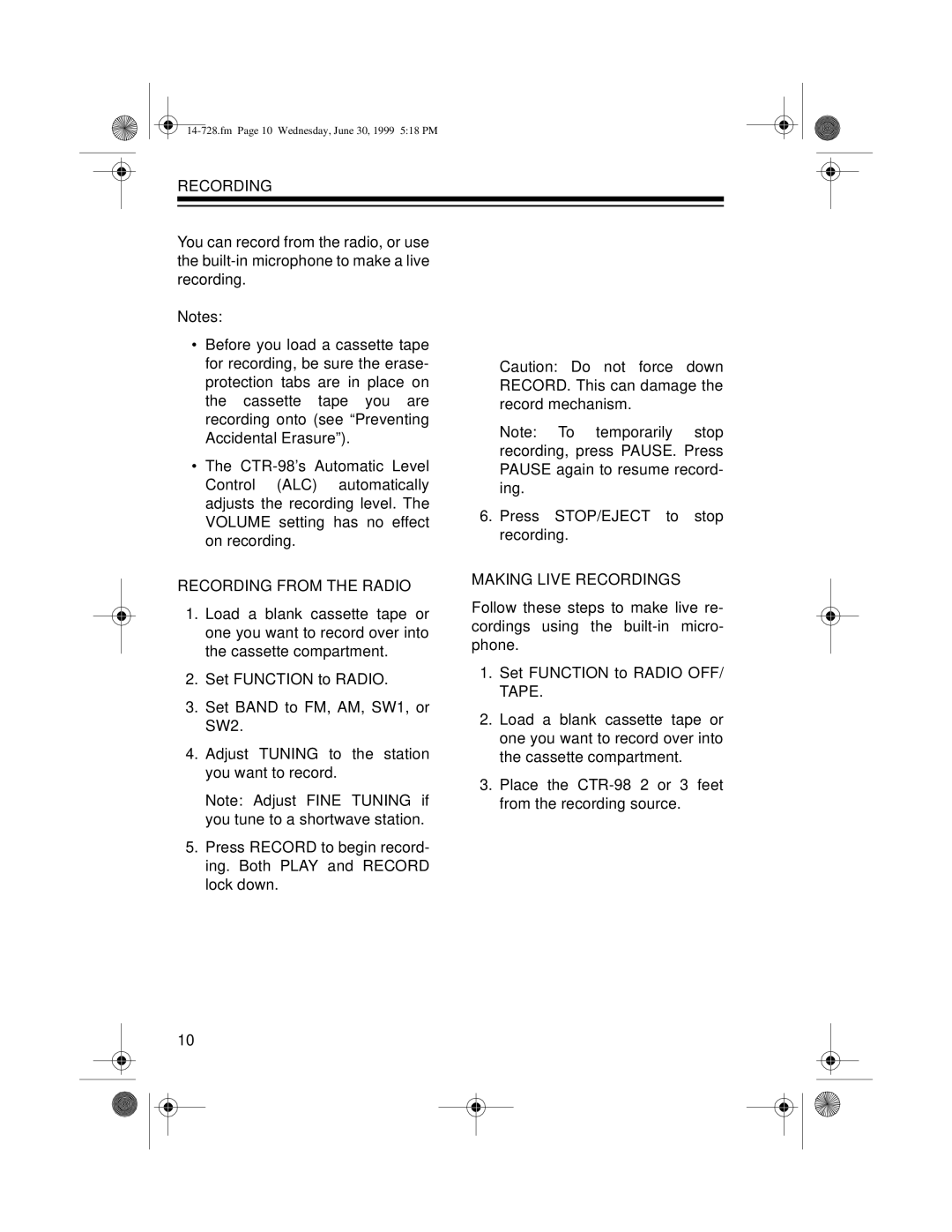 Radio Shack CTR-98 owner manual Recording from the Radio, Making Live Recordings 